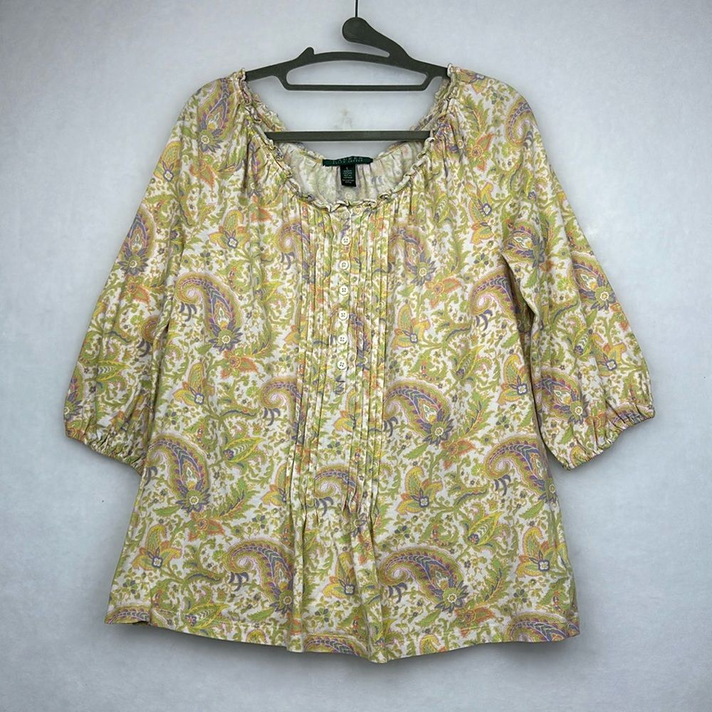 Ralph Lauren Cropped sleeves Paisley Print Bohemian Top Cotton Sz Large